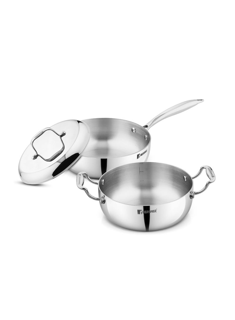 Bergner Argent Saira Saiba Triply Stainless Steel 3-Piece Cookware Set with 18cm (1.5L) Frypan, 18cm (1.8L) Casserole, Common Lid, Low-Oil Healthy Cooking, Even Heating, Induction & Gas Compatible - Image 1